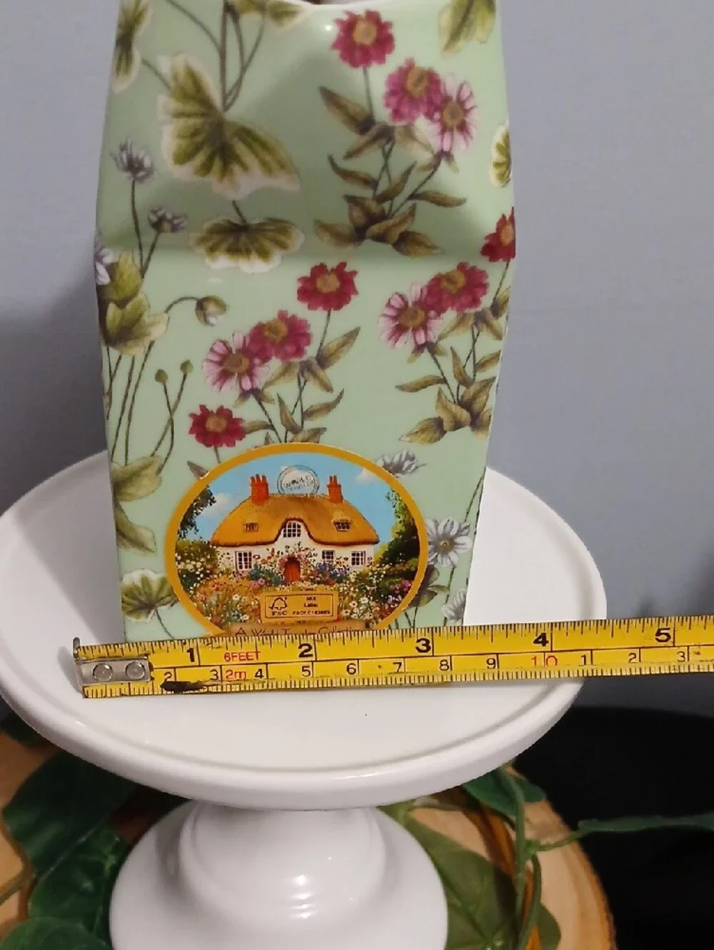 Green Floral Ceramic Milk Carton Vase - Decorative Home Accent NWT